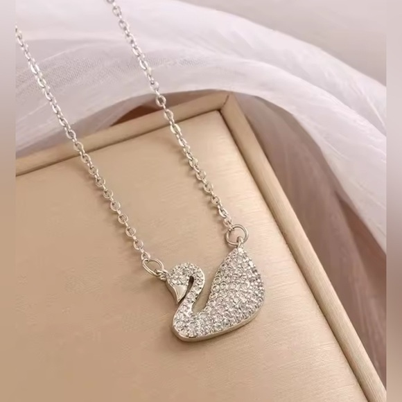 Moon Goddess Emporium Jewelry - Swan Pendant 18K White Gold (Rhodium) Plated Necklace With Pave Diamond Inlay